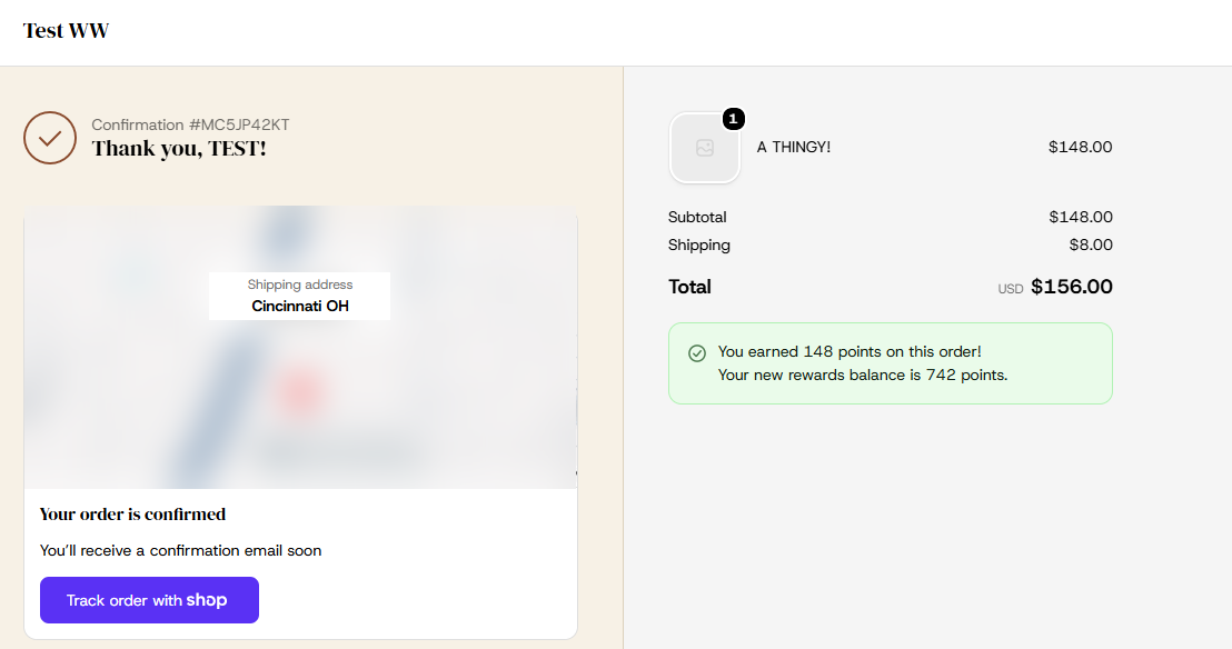 The order confirmation page, showing the points earned and your new balance