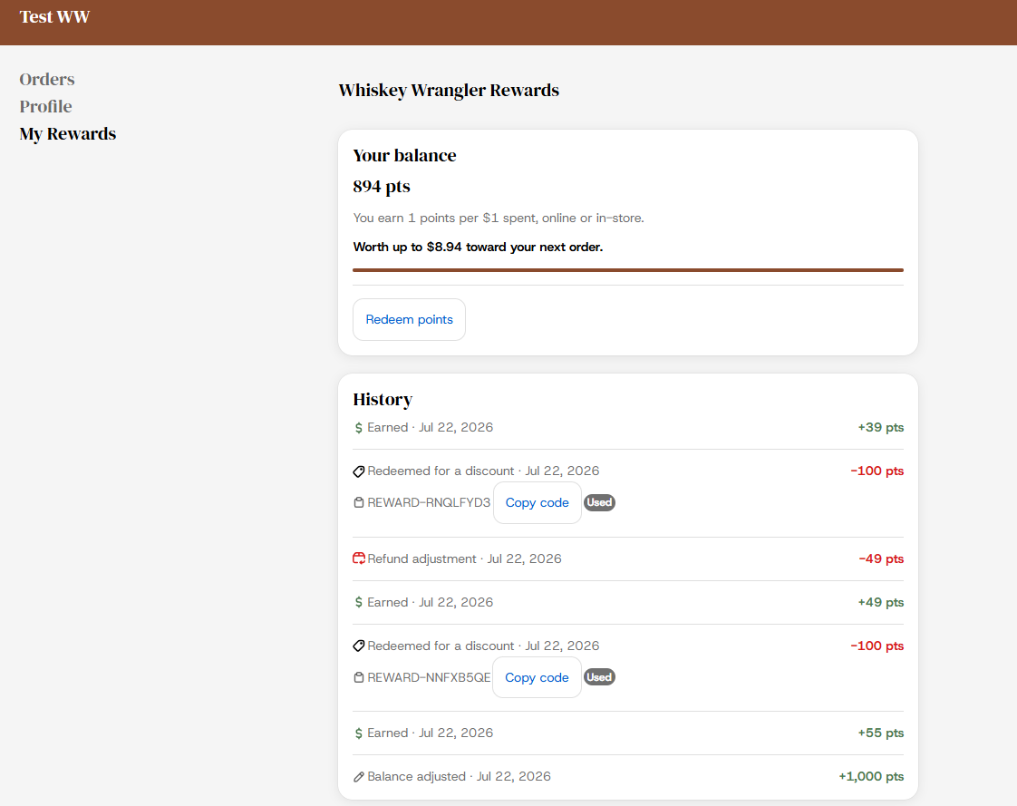 The My Rewards page, showing your points balance, redeem button, and history